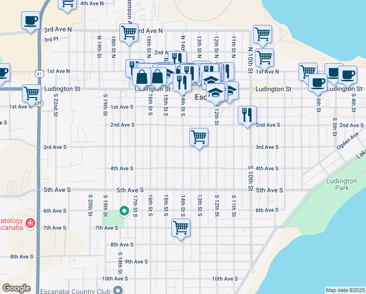 map of restaurants, bars, coffee shops, grocery stores, and more near 398 14th Street South in Escanaba