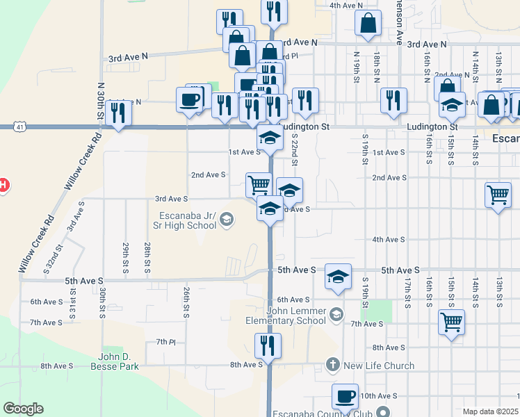 map of restaurants, bars, coffee shops, grocery stores, and more near 339 South Lincoln Road in Escanaba