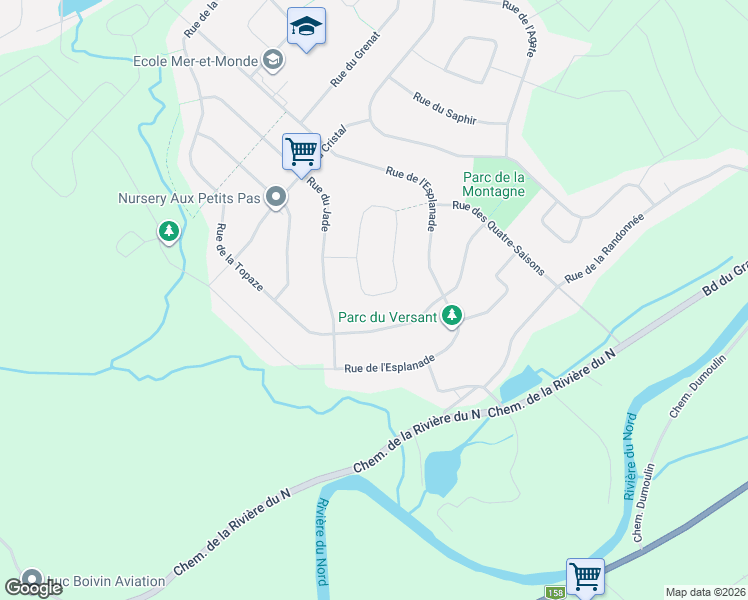 map of restaurants, bars, coffee shops, grocery stores, and more near 16860 Rue de la Perle in Mirabel
