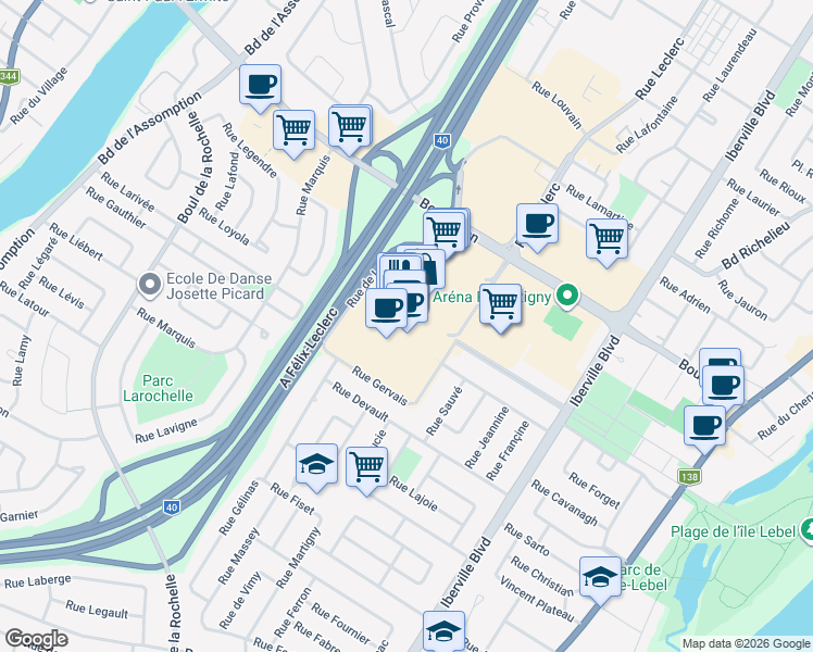 map of restaurants, bars, coffee shops, grocery stores, and more near 100 Boulevard Brien in Repentigny