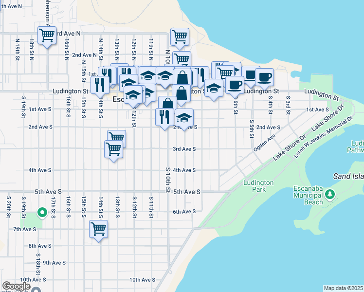 map of restaurants, bars, coffee shops, grocery stores, and more near 910 3rd Avenue South in Escanaba