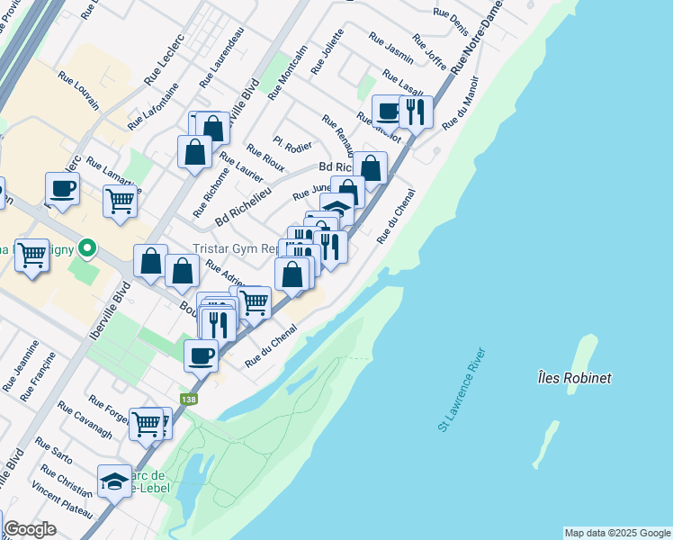 map of restaurants, bars, coffee shops, grocery stores, and more near 530 Québec 138 in Repentigny