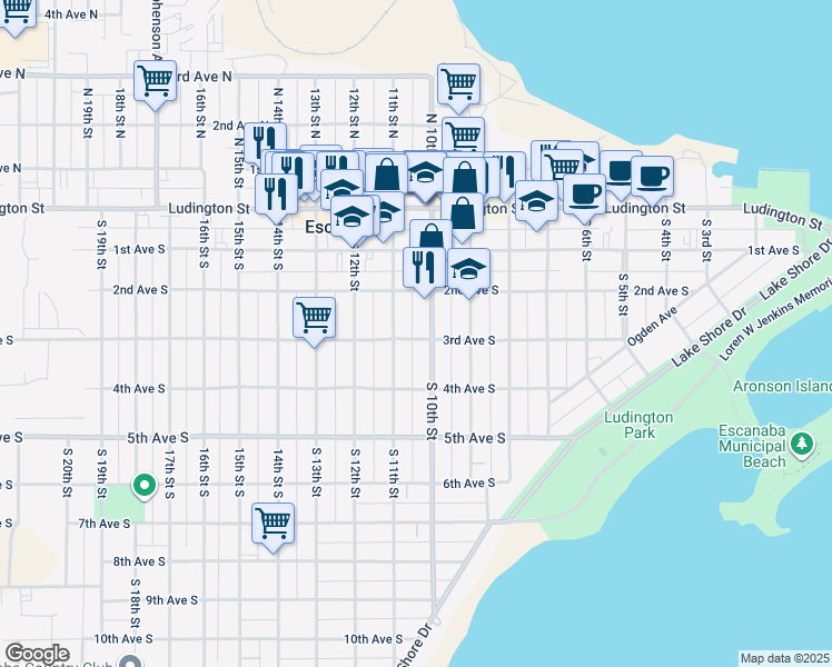 map of restaurants, bars, coffee shops, grocery stores, and more near 1010 3rd Avenue South in Escanaba