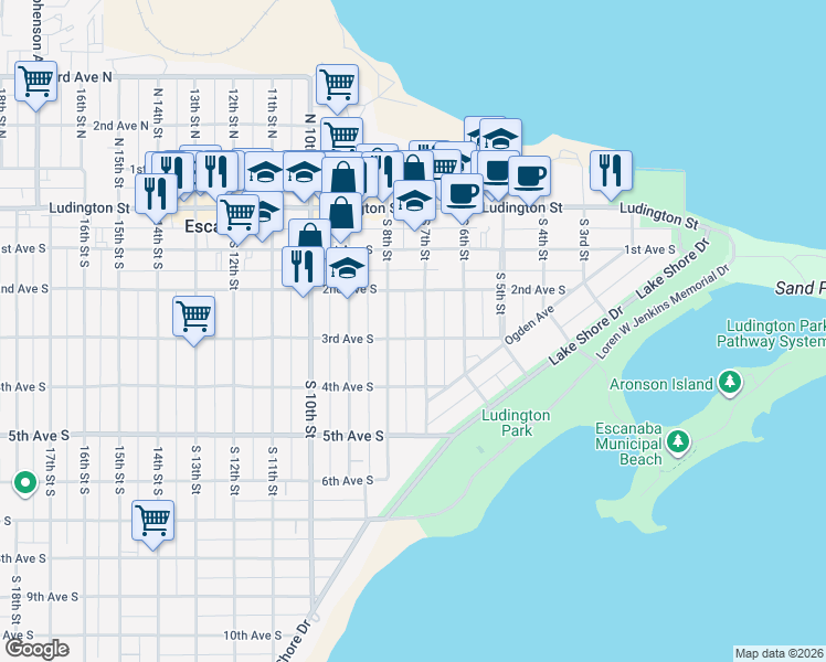 map of restaurants, bars, coffee shops, grocery stores, and more near 300-398 South 7th Street in Escanaba