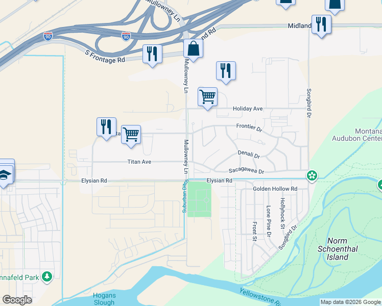map of restaurants, bars, coffee shops, grocery stores, and more near 5665 Titan Avenue in Billings