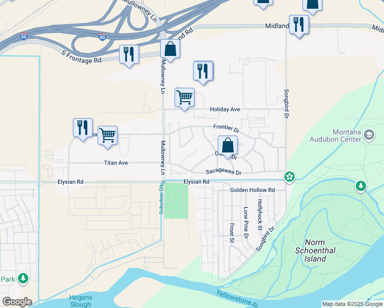 map of restaurants, bars, coffee shops, grocery stores, and more near 1518 Glacier Peak Circle in Billings