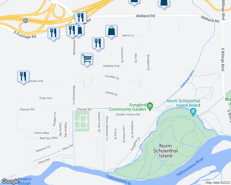 map of restaurants, bars, coffee shops, grocery stores, and more near 5333 Denali Drive in Billings