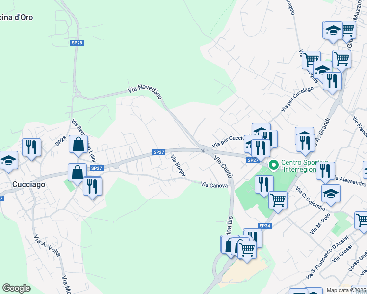 map of restaurants, bars, coffee shops, grocery stores, and more near 27 Via Cantù in Cucciago