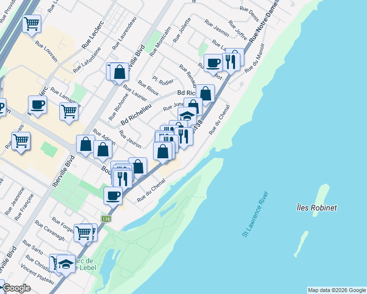 map of restaurants, bars, coffee shops, grocery stores, and more near 528 Rue Notre Dame in Repentigny