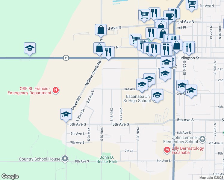map of restaurants, bars, coffee shops, grocery stores, and more near 2901 3rd Avenue South in Escanaba
