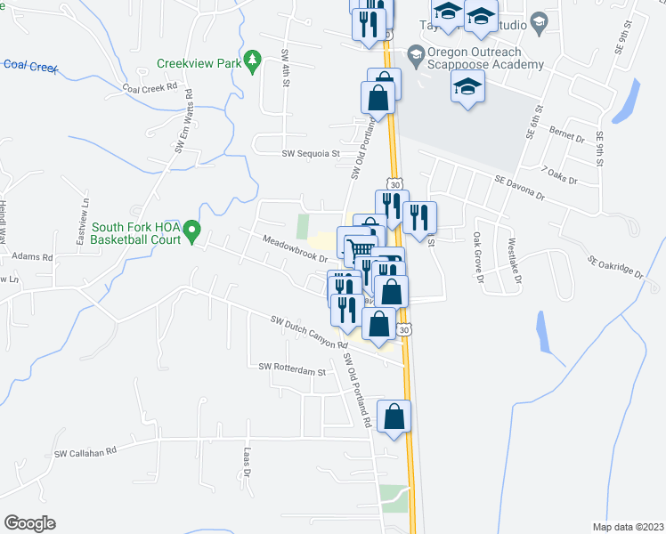map of restaurants, bars, coffee shops, grocery stores, and more near 33410 Meadowbrook Drive in Scappoose