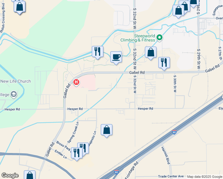 map of restaurants, bars, coffee shops, grocery stores, and more near 3333 Hesper Road in Billings