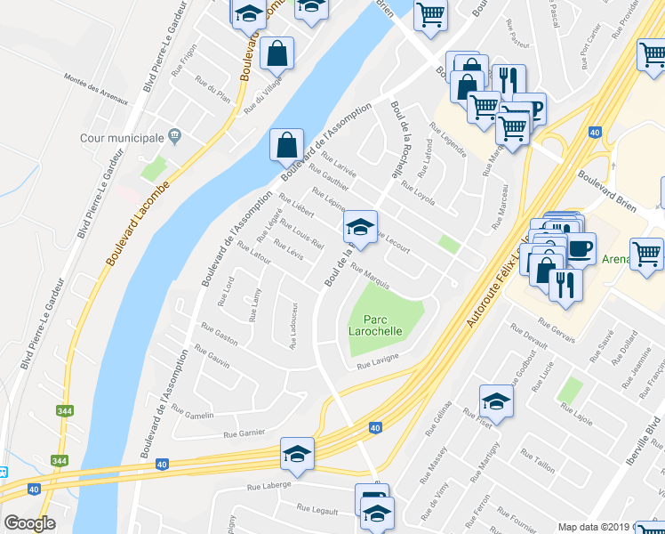 map of restaurants, bars, coffee shops, grocery stores, and more near 373 Boulevard de la Rochelle in Repentigny