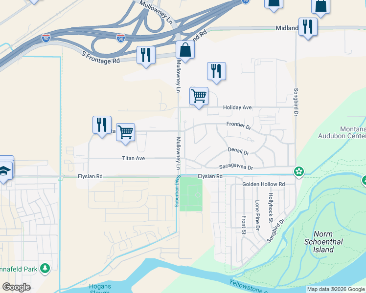 map of restaurants, bars, coffee shops, grocery stores, and more near 5665 Titan Avenue in Billings