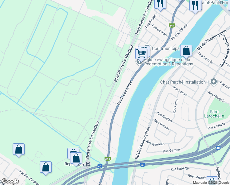 map of restaurants, bars, coffee shops, grocery stores, and more near 10 Rue Perron in Repentigny