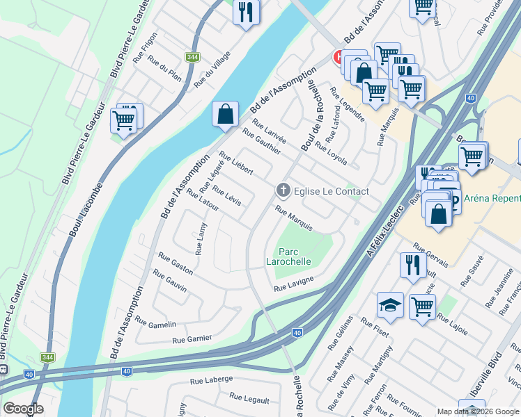 map of restaurants, bars, coffee shops, grocery stores, and more near 373 Boulevard de la Rochelle in Repentigny