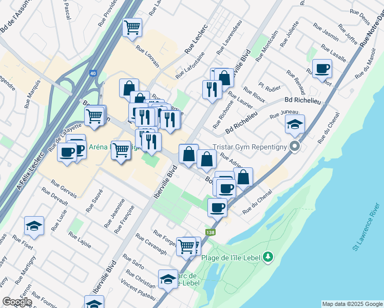 map of restaurants, bars, coffee shops, grocery stores, and more near 56 Rue Gilbert in Repentigny