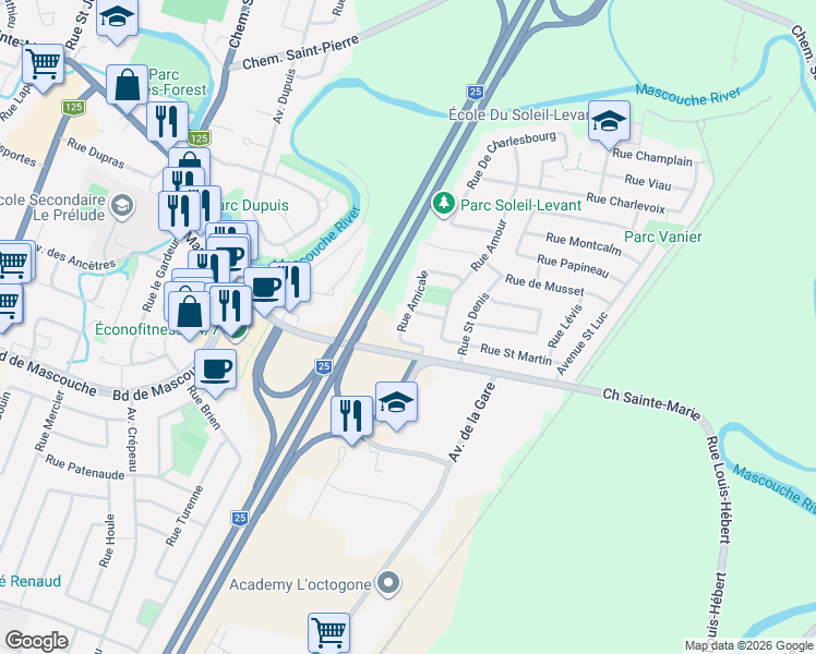 map of restaurants, bars, coffee shops, grocery stores, and more near 951 Rue Amicale in Mascouche
