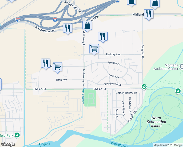 map of restaurants, bars, coffee shops, grocery stores, and more near 1439 Chanel Loop in Billings