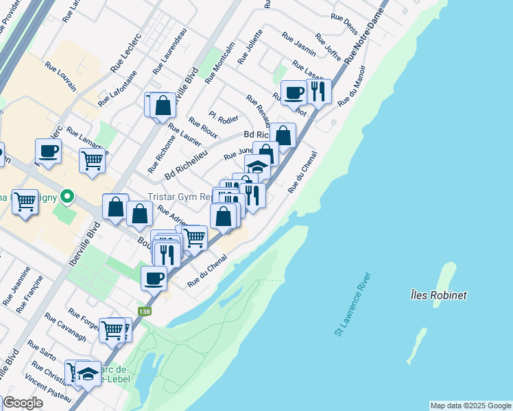 map of restaurants, bars, coffee shops, grocery stores, and more near 530 Québec 138 in Repentigny