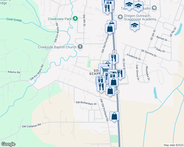 map of restaurants, bars, coffee shops, grocery stores, and more near 33368 Meadowbrook Drive in Scappoose