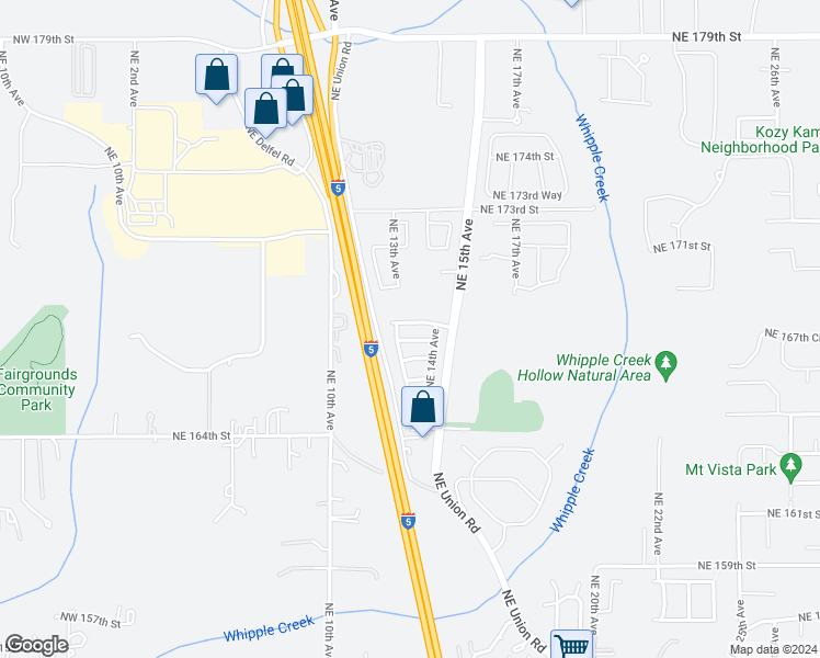 map of restaurants, bars, coffee shops, grocery stores, and more near 1215 Northeast 168th Street in Ridgefield