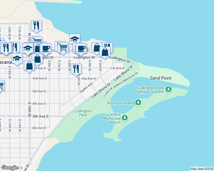 map of restaurants, bars, coffee shops, grocery stores, and more near 300 Lake Shore Drive in Escanaba