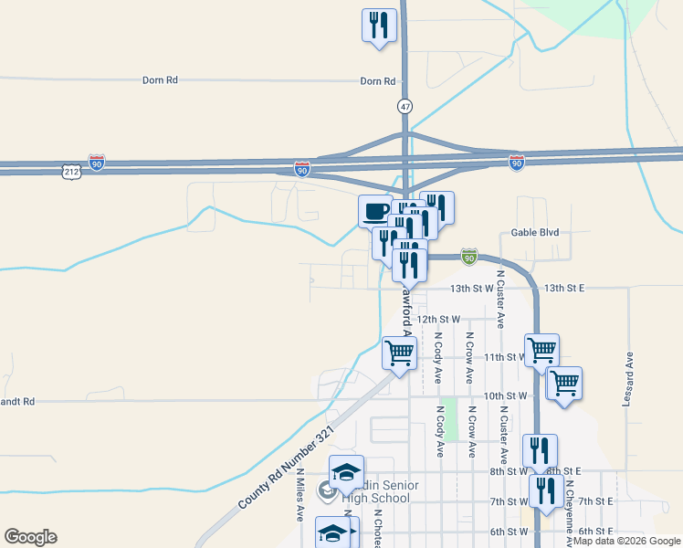 map of restaurants, bars, coffee shops, grocery stores, and more near 512-598 13th St W in Hardin