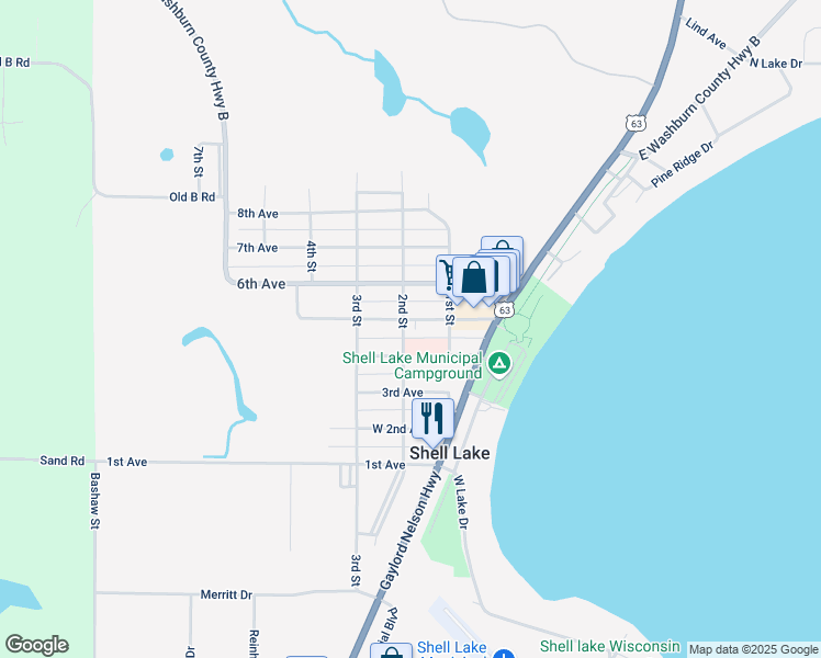 map of restaurants, bars, coffee shops, grocery stores, and more near 403 2nd Street in Shell Lake