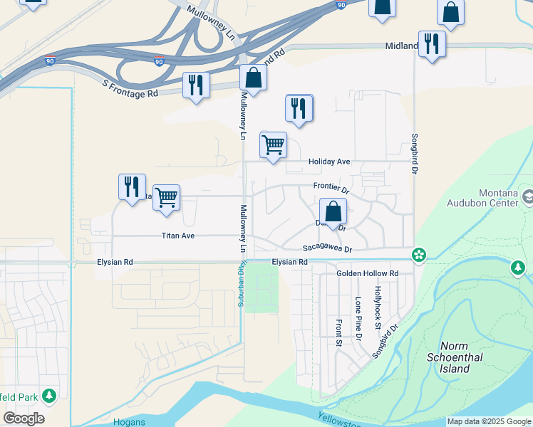 map of restaurants, bars, coffee shops, grocery stores, and more near 1441 Chanel Loop in Billings