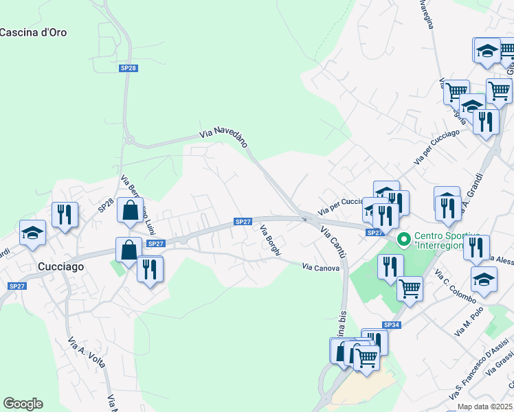 map of restaurants, bars, coffee shops, grocery stores, and more near 27 Via Cantù in Cucciago