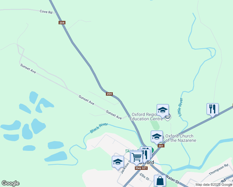 map of restaurants, bars, coffee shops, grocery stores, and more near 6555 Little River Road in Oxford