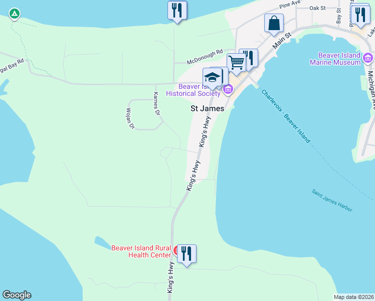 map of restaurants, bars, coffee shops, grocery stores, and more near Nature Trail in St. James