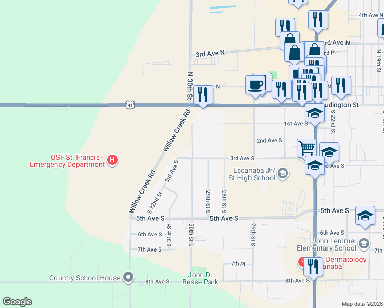 map of restaurants, bars, coffee shops, grocery stores, and more near 2901-2999 3rd Ave S in Escanaba