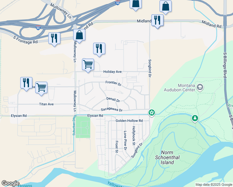 map of restaurants, bars, coffee shops, grocery stores, and more near 5333 Denali Drive in Billings