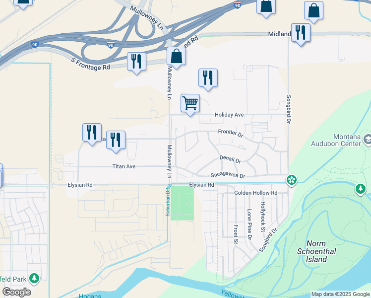 map of restaurants, bars, coffee shops, grocery stores, and more near 1447 Chanel Loop in Billings
