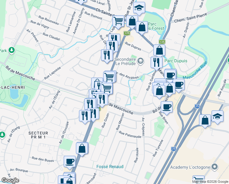 map of restaurants, bars, coffee shops, grocery stores, and more near 2947 Rue Lesage in Mascouche