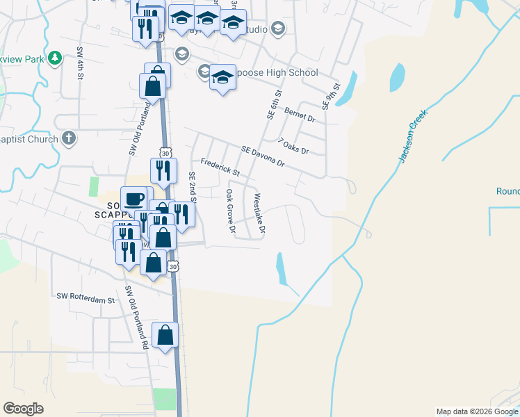 map of restaurants, bars, coffee shops, grocery stores, and more near 51500 Westlake Drive in Scappoose