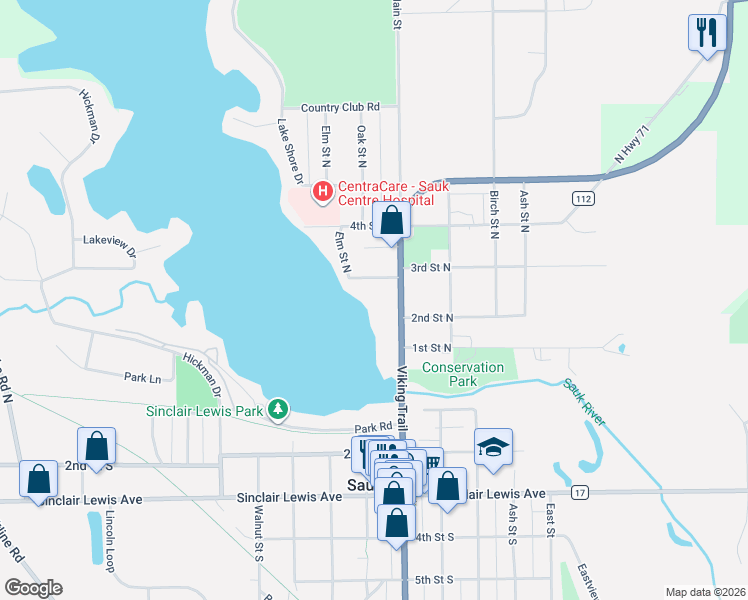 map of restaurants, bars, coffee shops, grocery stores, and more near 125 Main Street North in Sauk Centre