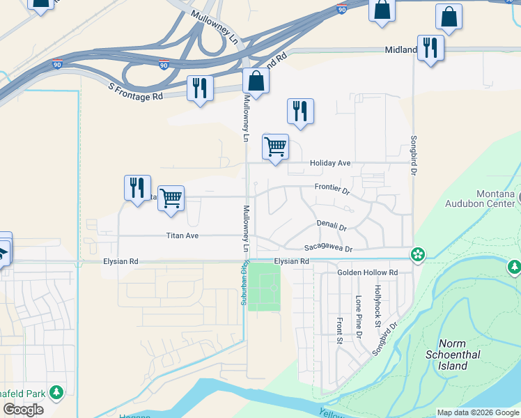 map of restaurants, bars, coffee shops, grocery stores, and more near 1447 Chanel Loop in Billings