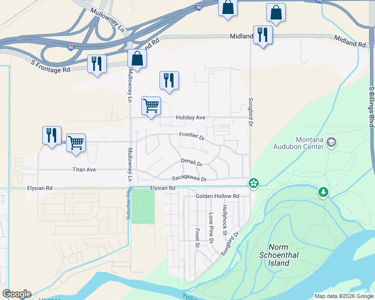 map of restaurants, bars, coffee shops, grocery stores, and more near 1446 Chesapeake Lane in Billings