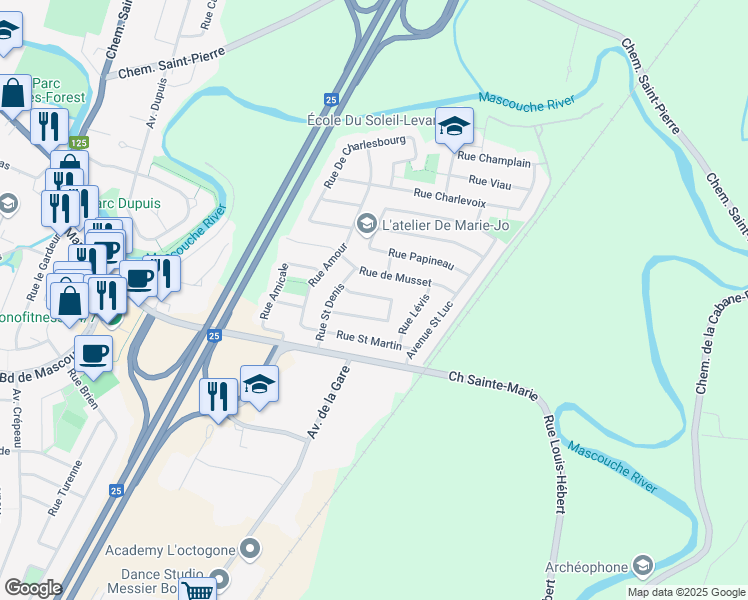 map of restaurants, bars, coffee shops, grocery stores, and more near 3353 Rue Saint Laurent in Mascouche