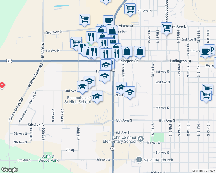 map of restaurants, bars, coffee shops, grocery stores, and more near 339-379 South Lincoln Road in Escanaba