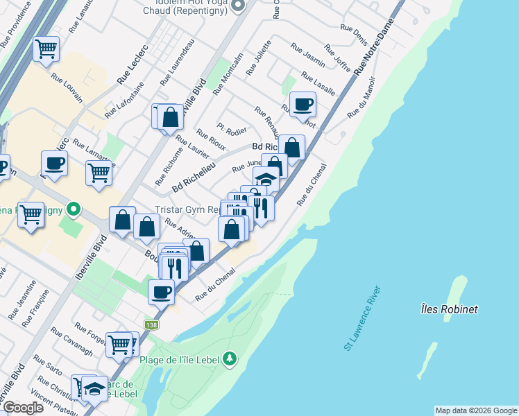 map of restaurants, bars, coffee shops, grocery stores, and more near 535 Rue Notre Dame in Repentigny