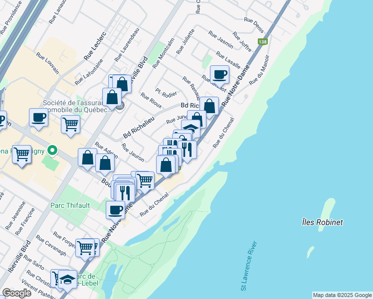 map of restaurants, bars, coffee shops, grocery stores, and more near 525 Route 138 in Repentigny