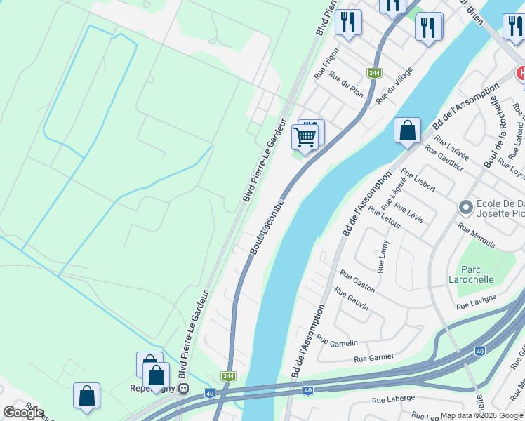 map of restaurants, bars, coffee shops, grocery stores, and more near 155 Boulevard Lacombe in Repentigny