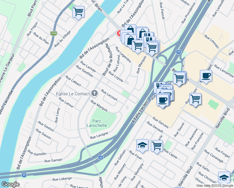 map of restaurants, bars, coffee shops, grocery stores, and more near 281 Rue Gauthier in Repentigny