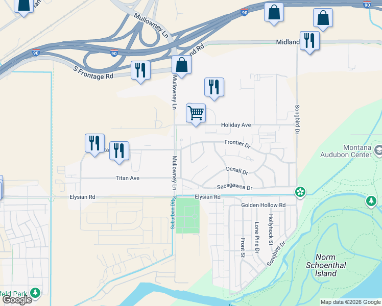 map of restaurants, bars, coffee shops, grocery stores, and more near 1464 Chanel Loop in Billings