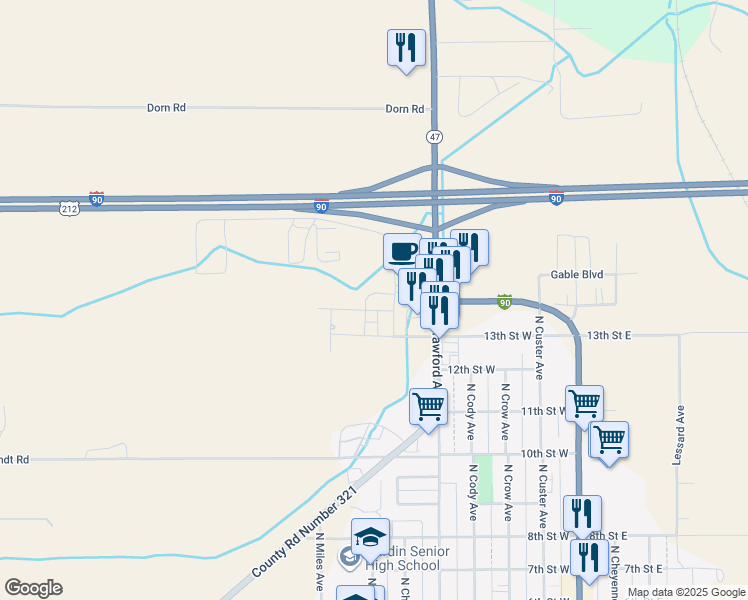 map of restaurants, bars, coffee shops, grocery stores, and more near 7 Park Road in Hardin