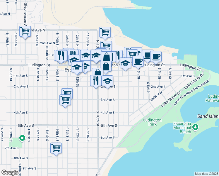 map of restaurants, bars, coffee shops, grocery stores, and more near 200 South 9th Street in Escanaba